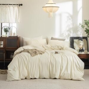 Queen Cream White Washed Cotton Duvet Cover Set, Soft Breathable All-Season Bedding