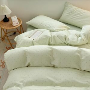 Twin Green Polka Dot Cotton Gauze Duvet Cover Set with 2 Matching Pillowcases