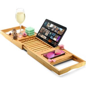 Expandable Bamboo Bathtub Tray Caddy with Foldable Non-Slip Design for Spa Relaxation