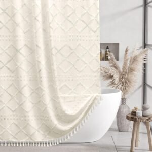 Cream Boho Tufted Chevron Shower Curtain, Modern Farmhouse Bathroom Decor, 72 x 72 Inch