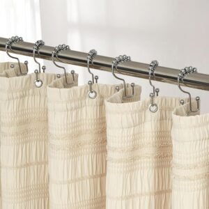 Extra Long Beige Boho Tufted Shower Curtain, Farmhouse Waffle Texture, 72 x 84 Inch
