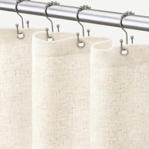 Flax White Linen Shower Curtain with Double-Sided Hooks, 72 x 72 Inch