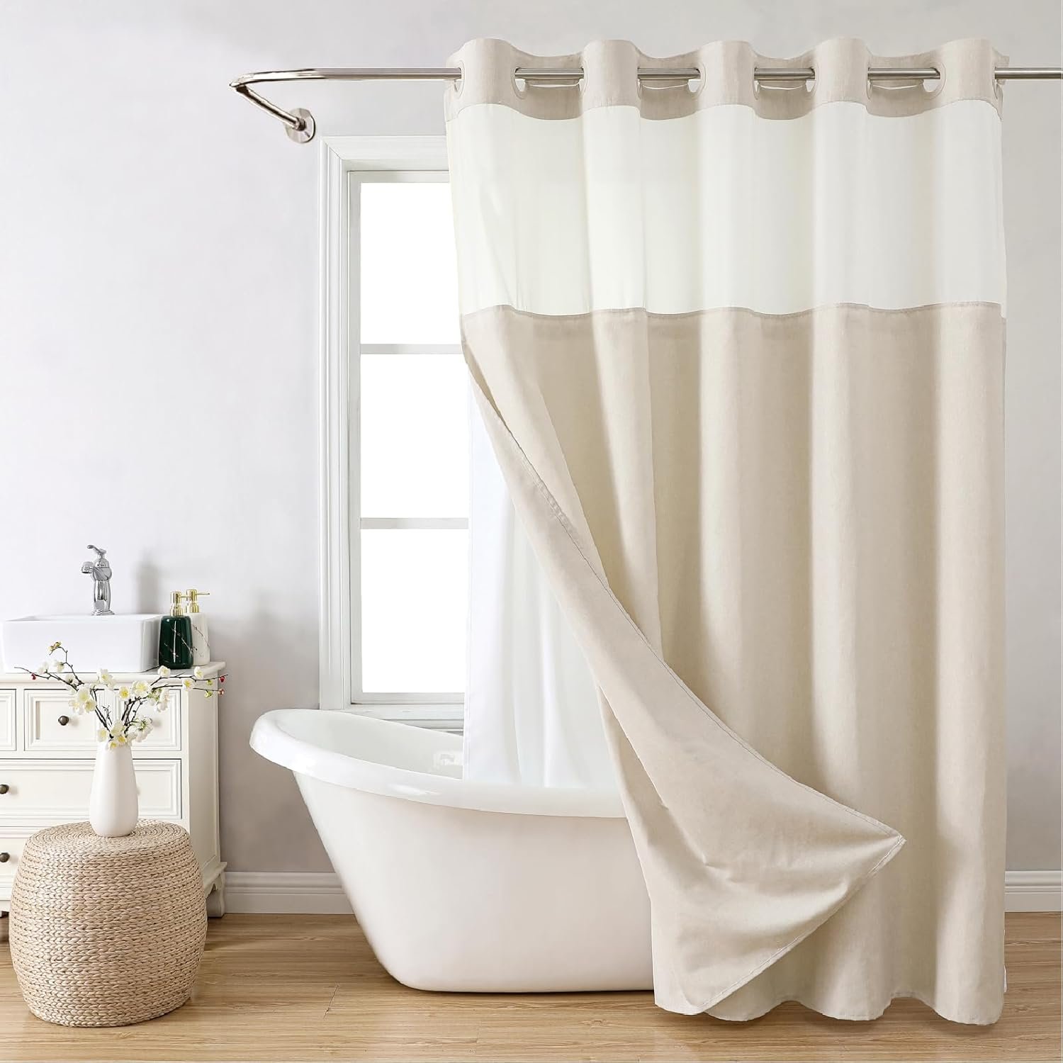 Cream Textured Polyester Shower Curtain with Snap-In Liner and See-Through Window, 71 x 74 Inch