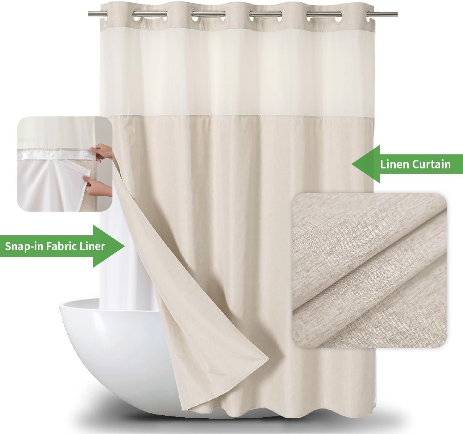 Cream Textured Polyester Shower Curtain with Snap-In Liner and See-Through Window, 71 x 74 Inch - Image 4