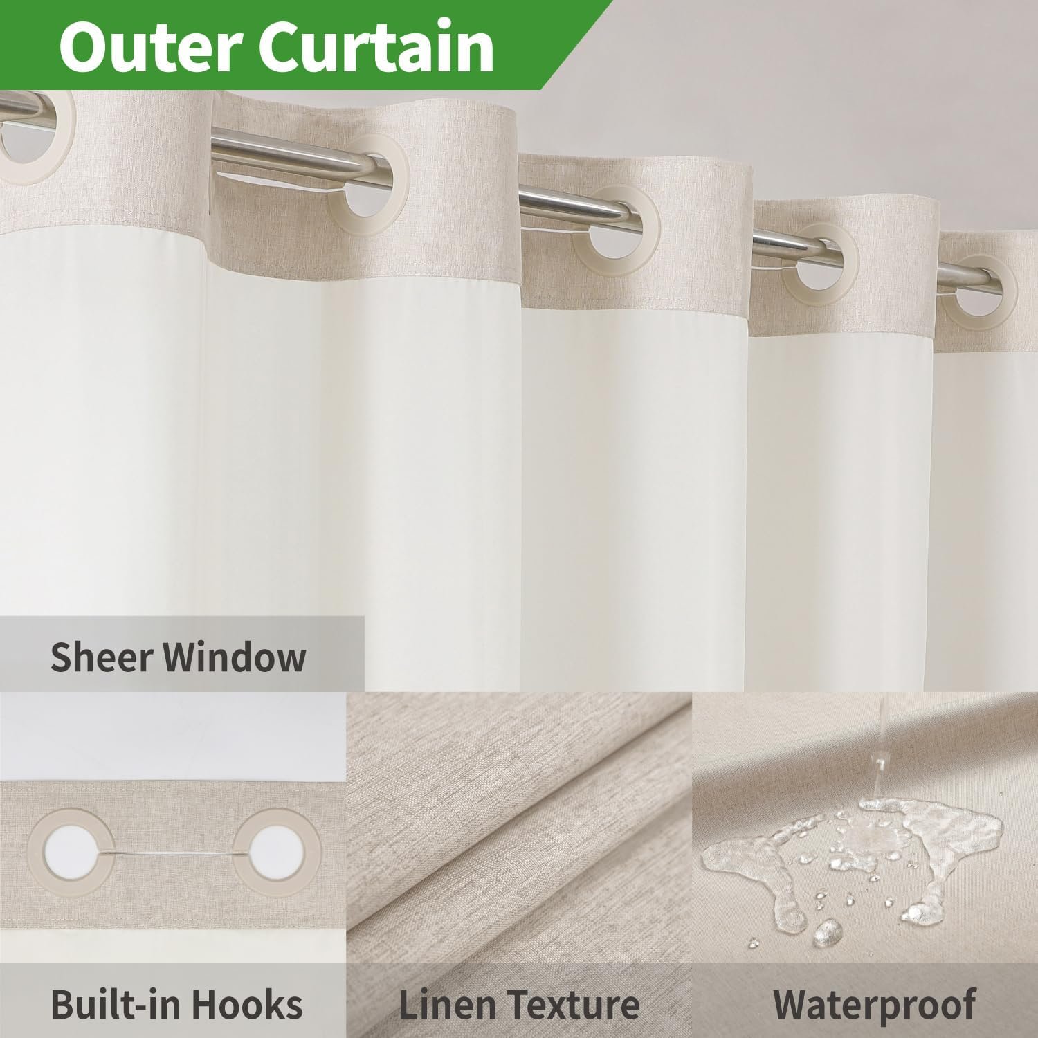 Cream Textured Polyester Shower Curtain with Snap-In Liner and See-Through Window, 71 x 74 Inch - Image 3