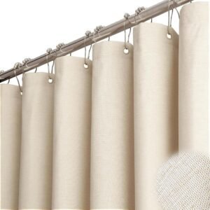 72 x 72 Inch Beige Linen-Textured Waterproof Shower Curtain with Weighted Hem and Hooks