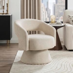 Modern Taupe Velvet Swivel Barrel Accent Chair with Plush Cushions and Open Back