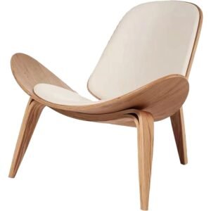 Three-Legged Ash Plywood Shell Accent Chair with White Faux Leather Seat