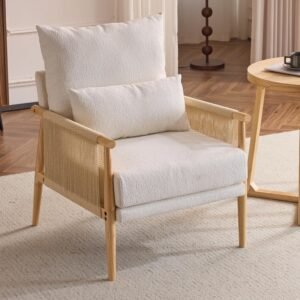 Modern Beige Chenille Accent Chair with Braided Rattan Arms and Lumbar Pillow