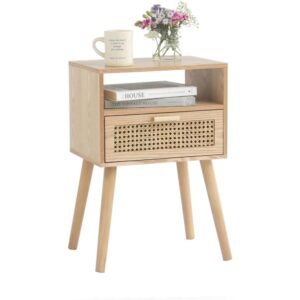 Natural Walnut Rattan Nightstand with Storage and Solid Wood Legs