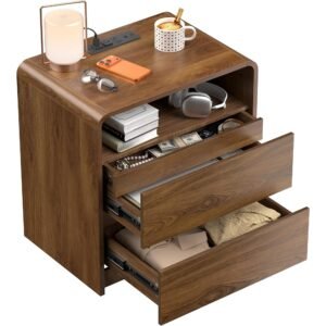 23.8 Inch Walnut Nightstand with Hidden Soft-Close Drawers and Charging Station