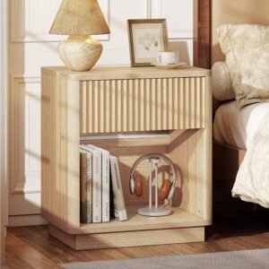 19 Inch Oak Fluted Nightstand with Charging Station, Drawer and Curved Design