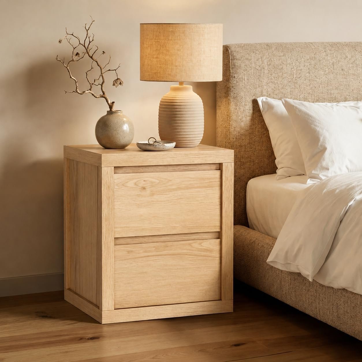 Modern 2-Drawer Wooden Nightstand with Handleless Thickened Design