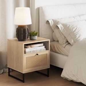 Oak and Black Rattan End Table Nightstand with Storage for Living Room or Bedroom