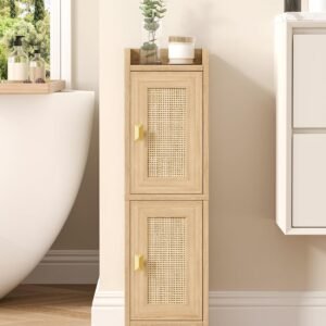 Slim Oak Rattan Bathroom Storage Cabinet with Adjustable Shelf for Small Spaces