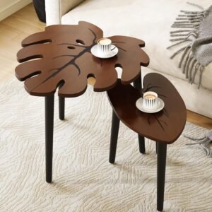 Set of 2 Monstera Leaf Nesting Side Tables with Modern Wood Design