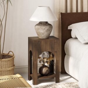 Walnut Brown Arched Side Table with Storage Shelf for Living Room and Bedroom