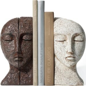 Heavy Duty Sculptural Bookends for Shelves, Modern Decorative Book Holders with Tranquil Face Design