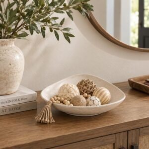 White Speckled Ceramic Egg-Shaped Decorative Bowl, Wabi Sabi Style, 8.3 Inch