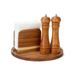 4-Piece Brown Rustic Napkin Holder Set with Salt and Pepper Shakers and Decorative Tray