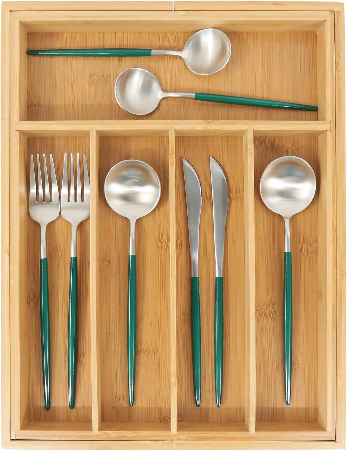 Expandable Natural Bamboo Drawer Organizer with Dividers for Silverware and Utensils - Image 2