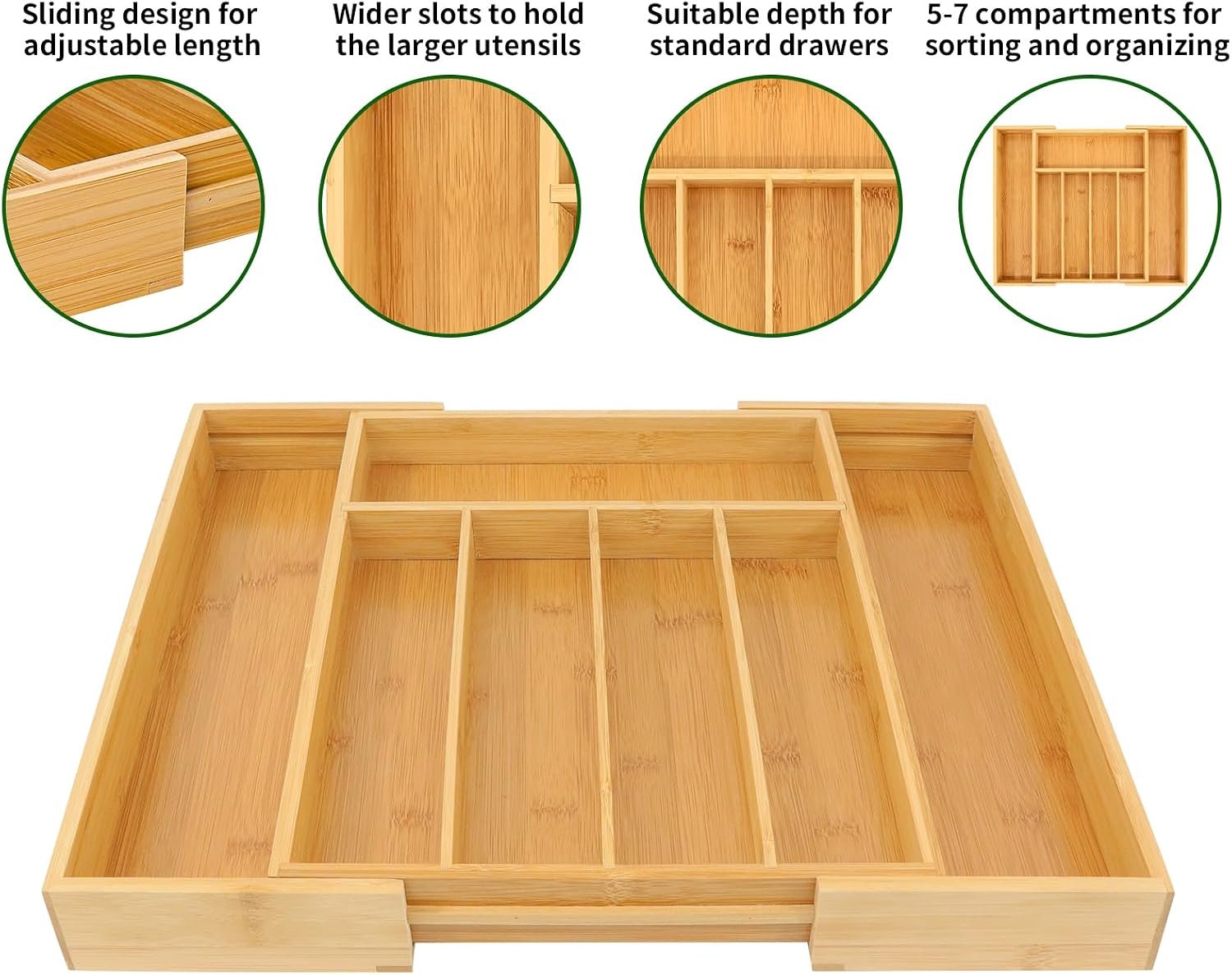 Expandable Natural Bamboo Drawer Organizer with Dividers for Silverware and Utensils - Image 4