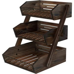 3-Tier Rustic Brown Fruit and Vegetable Basket Stand for Kitchen Countertop Storage