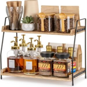 2-Tier Brown Wooden Coffee Station Organizer for Countertop and Condiment Storage