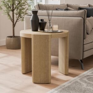 Modern 20-Inch Round Solid Wood End Table with Plinth Base, Oak Finish