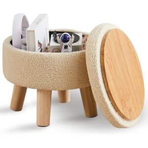 Round Storage Ottoman Footstool with Padded Seat and Wooden Legs