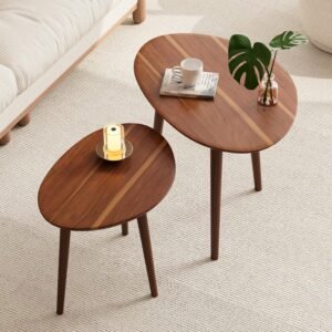 2-Piece Walnut Oval Nesting Coffee Tables with Mid-Century Modern Design