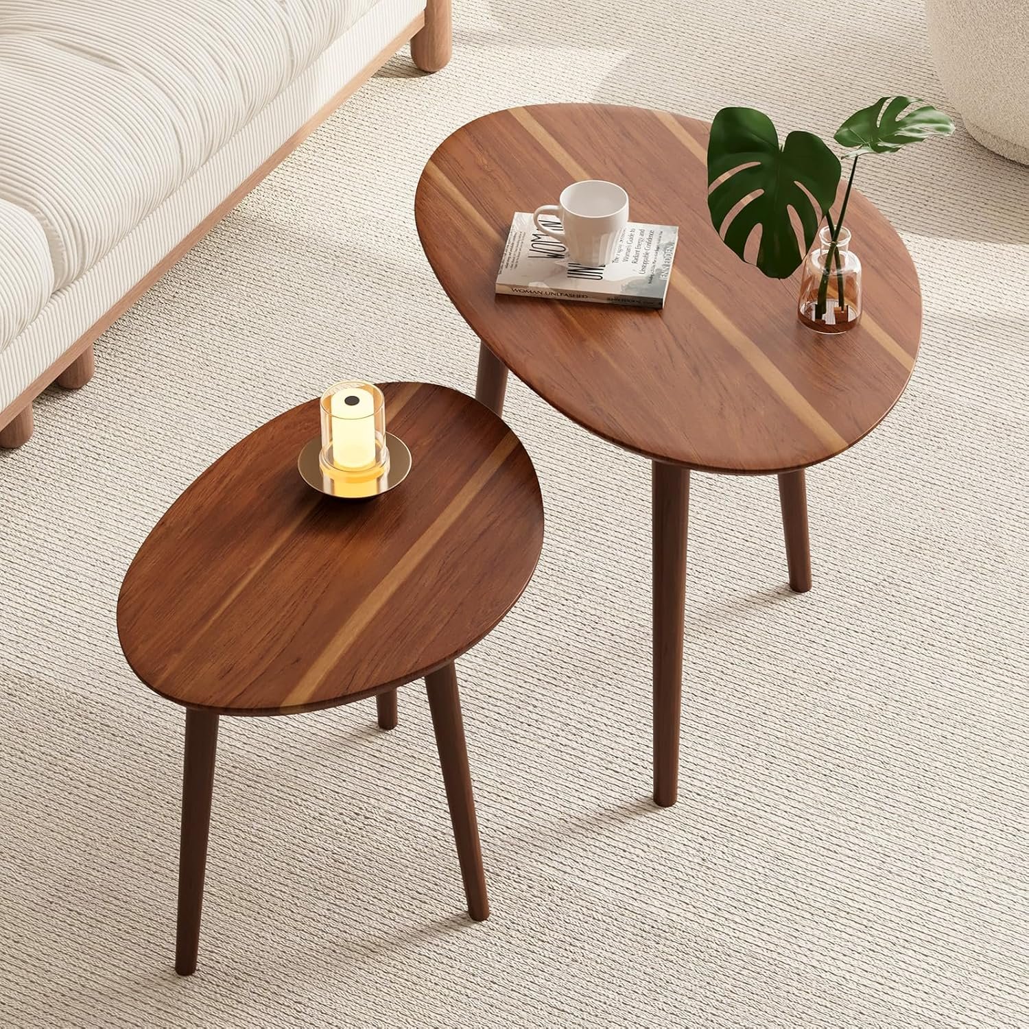 2-Piece Walnut Oval Nesting Coffee Tables with Mid-Century Modern Design