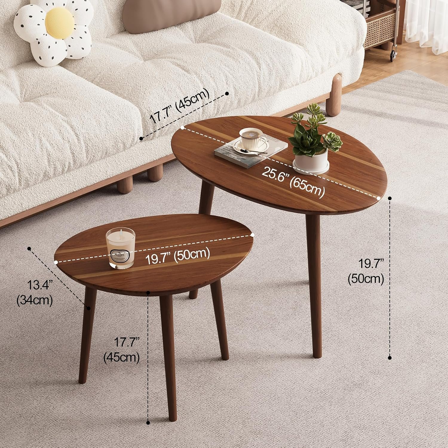 2-Piece Walnut Oval Nesting Coffee Tables with Mid-Century Modern Design - Image 2