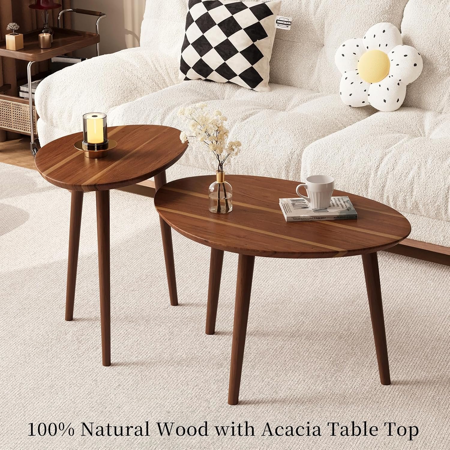 2-Piece Walnut Oval Nesting Coffee Tables with Mid-Century Modern Design - Image 4