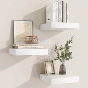 6.5 Inch White Wood Floating Wall Shelves, Set of 3 with Invisible Brackets