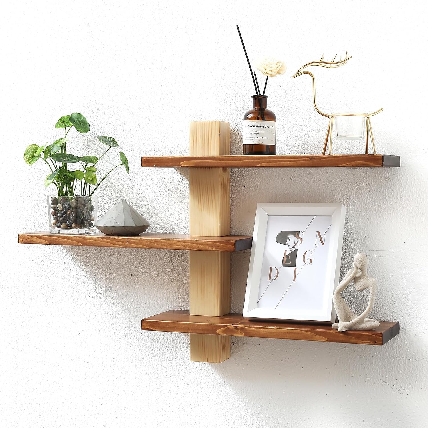 3-Tier Solid Wood Floating Wall Shelf, Minimalist Display Storage