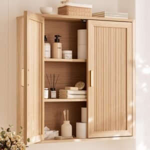 Natural Oak Over-the-Toilet Bathroom Storage Cabinet with Adjustable Shelf and Doors