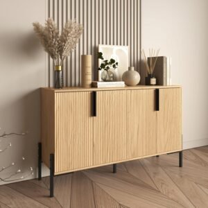 4-Door Natural Sideboard Buffet Cabinet with Adjustable Shelves and Gold Legs