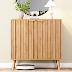 Natural Fluted Storage Cabinet with Adjustable Shelf, Modern Wood Sideboard and Console Table