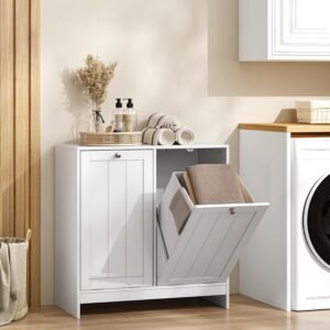 White Double Tilt-Out Laundry Hamper Cabinet with 2 Hidden Storage Baskets
