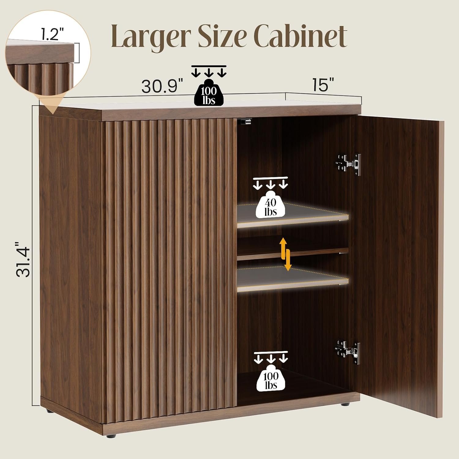 Modern Fluted Sideboard Buffet Cabinet with 2 Doors and Adjustable Storage Shelf - Image 2