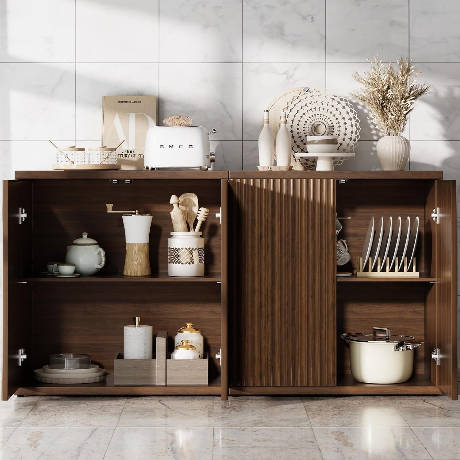 Modern Fluted Sideboard Buffet Cabinet with 2 Doors and Adjustable Storage Shelf - Image 5