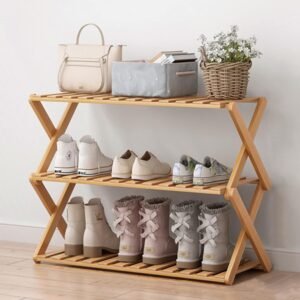 3-Tier Folding Bamboo Shoe Rack for Entryway, Bedroom and Small Space Storage