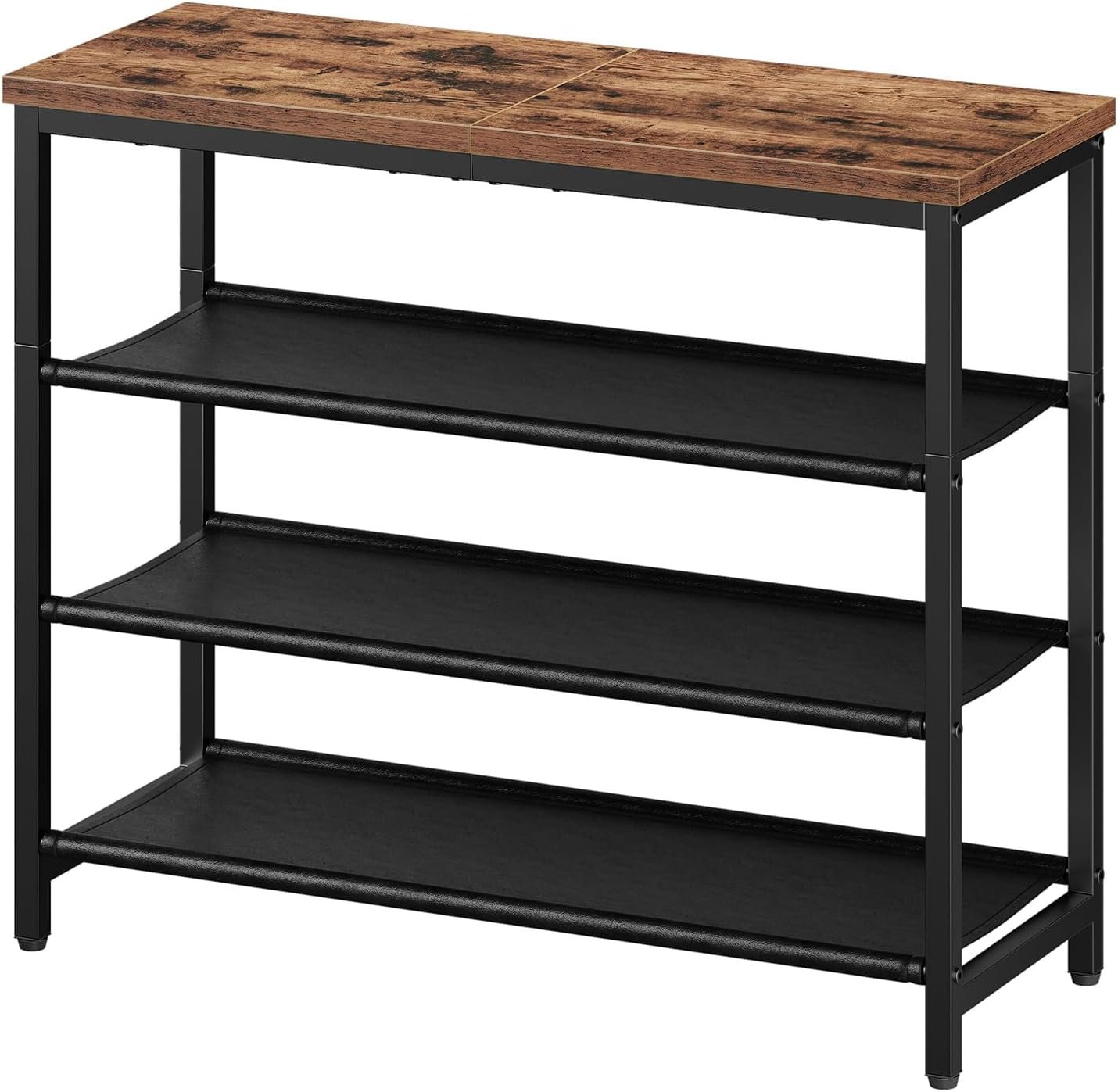 4-Tier Shoe Rack with 3 PU Shelves, Metal Frame, Holds 9–12 Pairs, Rustic Brown and Black