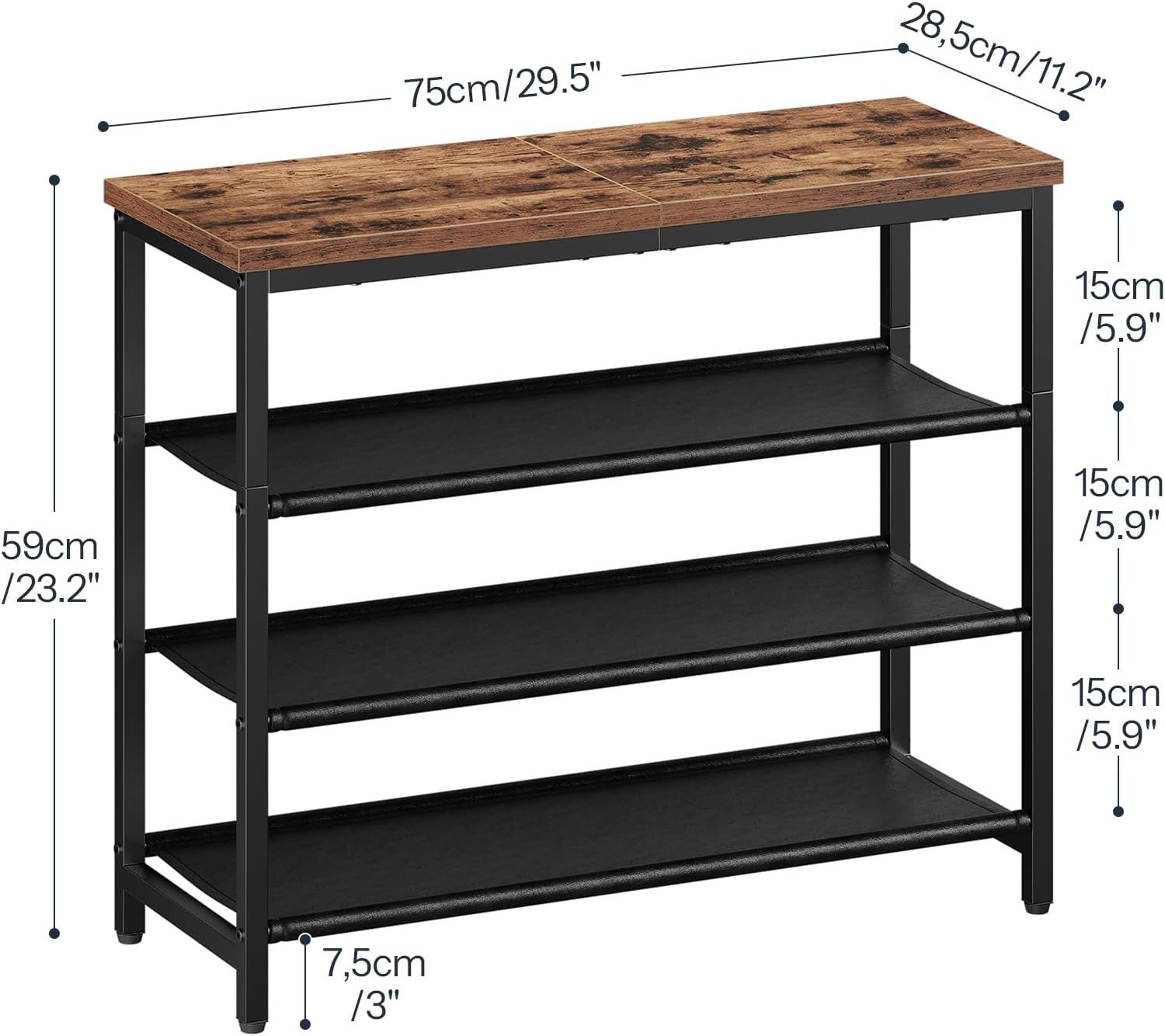 4-Tier Shoe Rack with 3 PU Shelves, Metal Frame, Holds 9–12 Pairs, Rustic Brown and Black - Image 2