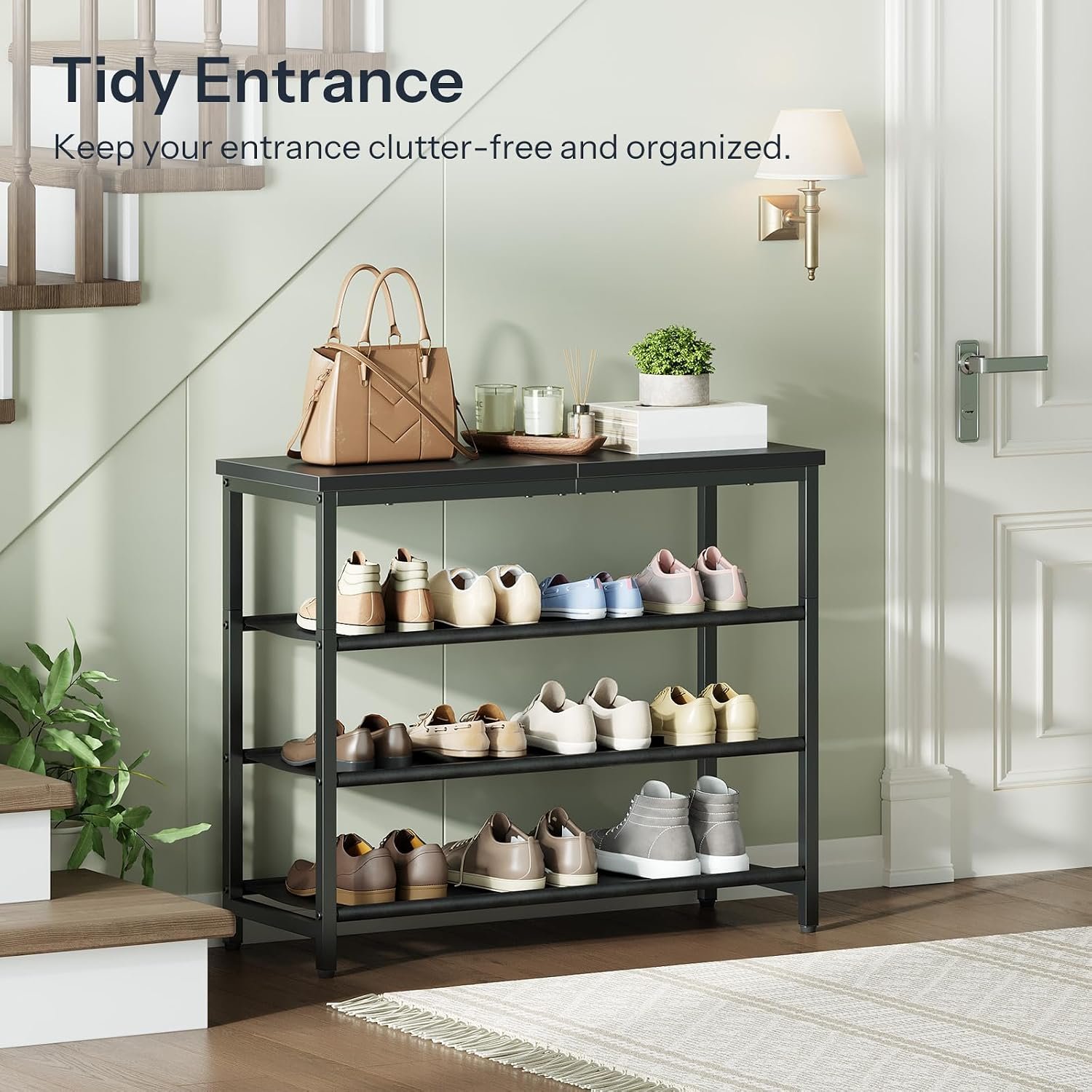 4-Tier Shoe Rack with 3 PU Shelves, Metal Frame, Holds 9–12 Pairs, Rustic Brown and Black - Image 5
