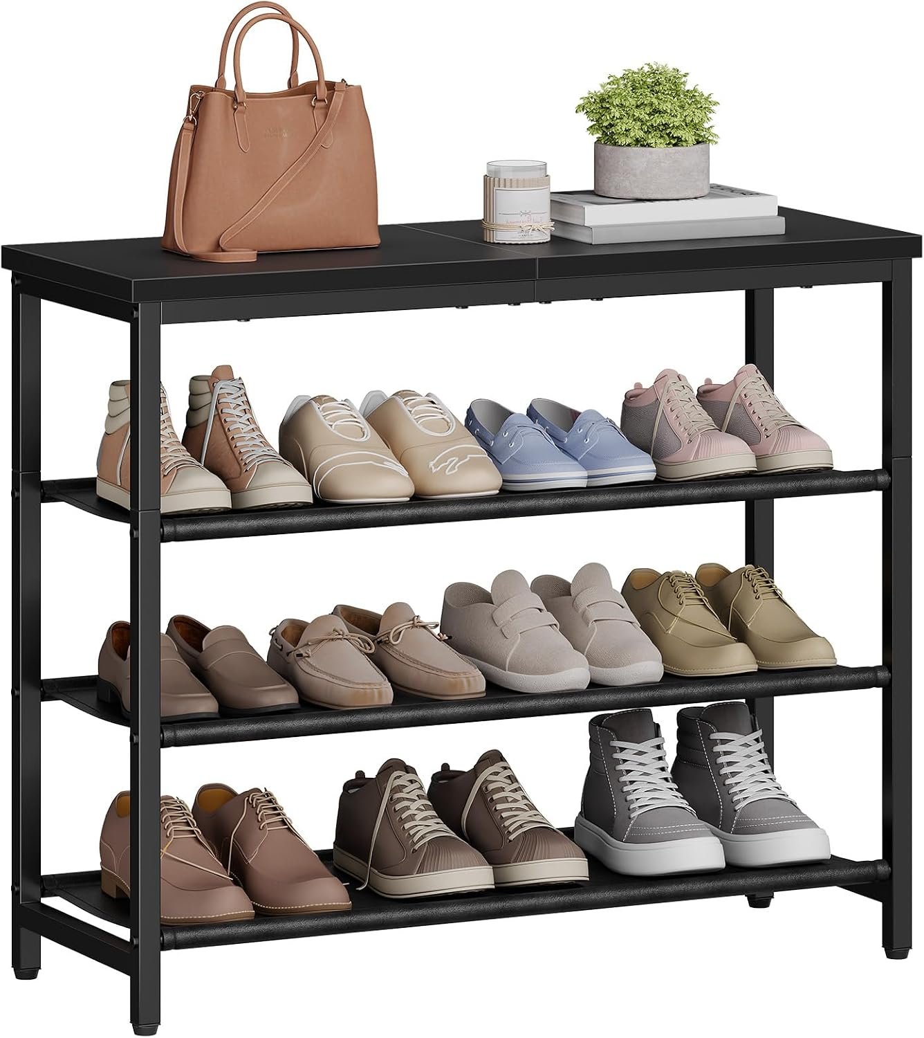 4-Tier Shoe Rack with 3 PU Shelves, Metal Frame, Holds 9–12 Pairs, Rustic Brown and Black - Image 3