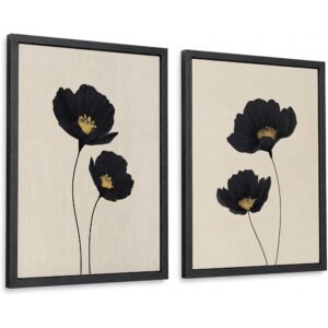 Minimalist Black and Gold Poppy Floral Wall Art, Framed Botanical Prints